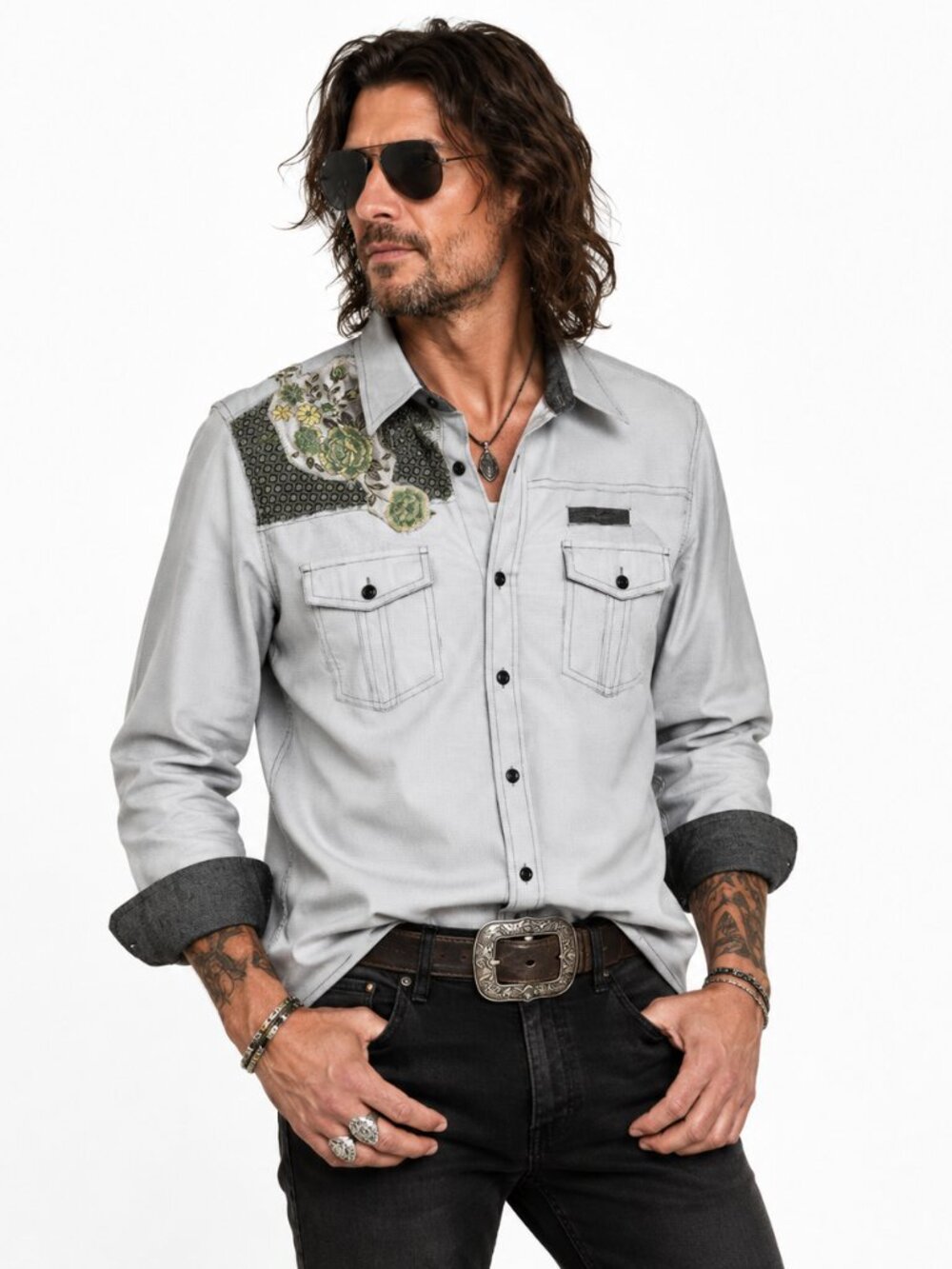Eighty Eight Platinum Shirt Men's L Gray Floral Embellished Western Rocker